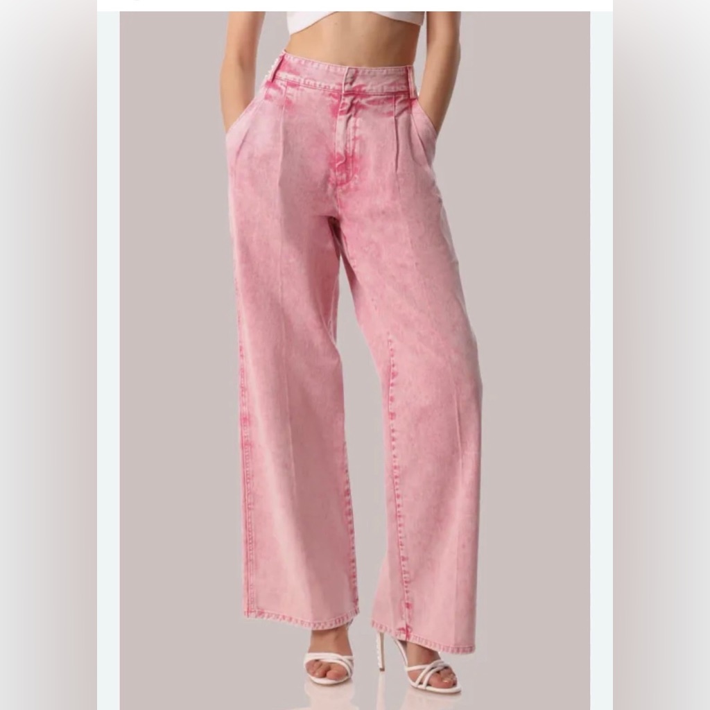 Nwt Avec Les Filles Pink Acid Washe Women's High Waist Pleated Trouser - Size 30